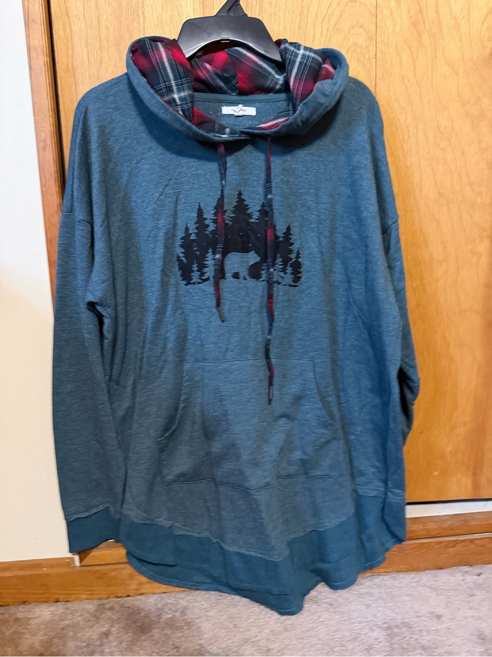 Maurices Slate Blue Hooded Pullover with Forest Bear Graphic